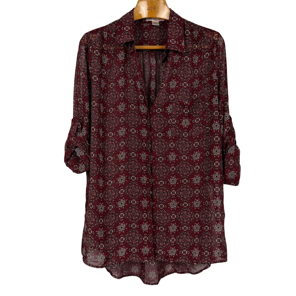 Band of Gypsies Blouse Medallion Boho Roll Tab XL Burgundy Sheer Button Down